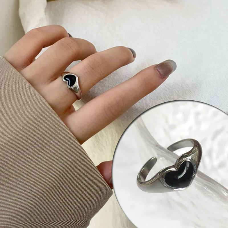 1 шт. Модное кольцо для любви в стиле Ретро, Персонализированное Регулируемое Отверстие в форме сердца, Модные Черные кольца на указательный палец, ювелирные изделия для девочек