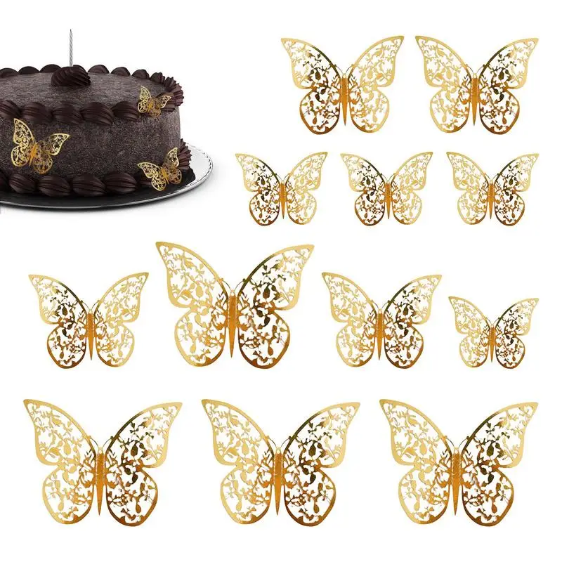 12шт 3D Бумажных бабочек, Топперы для торта на День Рождения, Полые Топперы для выпечки торта, Наклейки для домашнего декора, Настенное искусство, Украшение свадебной вечеринки