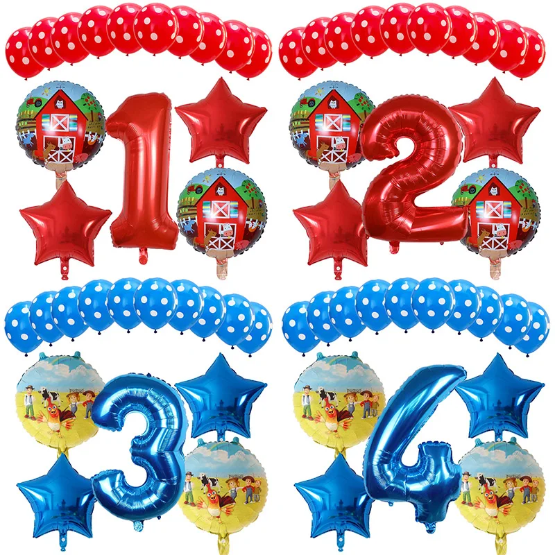 15шт Воздушные шары на тему животноводческой фермы Синий Красный номер Украшения для вечеринки по случаю 1-го дня рождения Игрушки для детей Принадлежности для вечеринки на ферме Air Globos