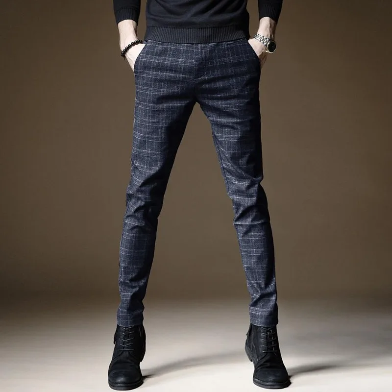 2023 Мужские клетчатые брюки, эластичное летнее модное деловое платье, облегающие узкие брюки, мужские повседневные стрейчевые винтажные черные рабочие брюки