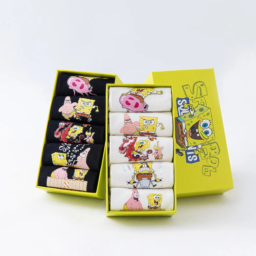 5шт Носков Kawaii Spongebobs с аниме-мультфильмом, Носки-лодочки, Хлопковые Мягкие дышащие Короткие носки в цветной упаковке, Игрушка для девочки, подарок паре