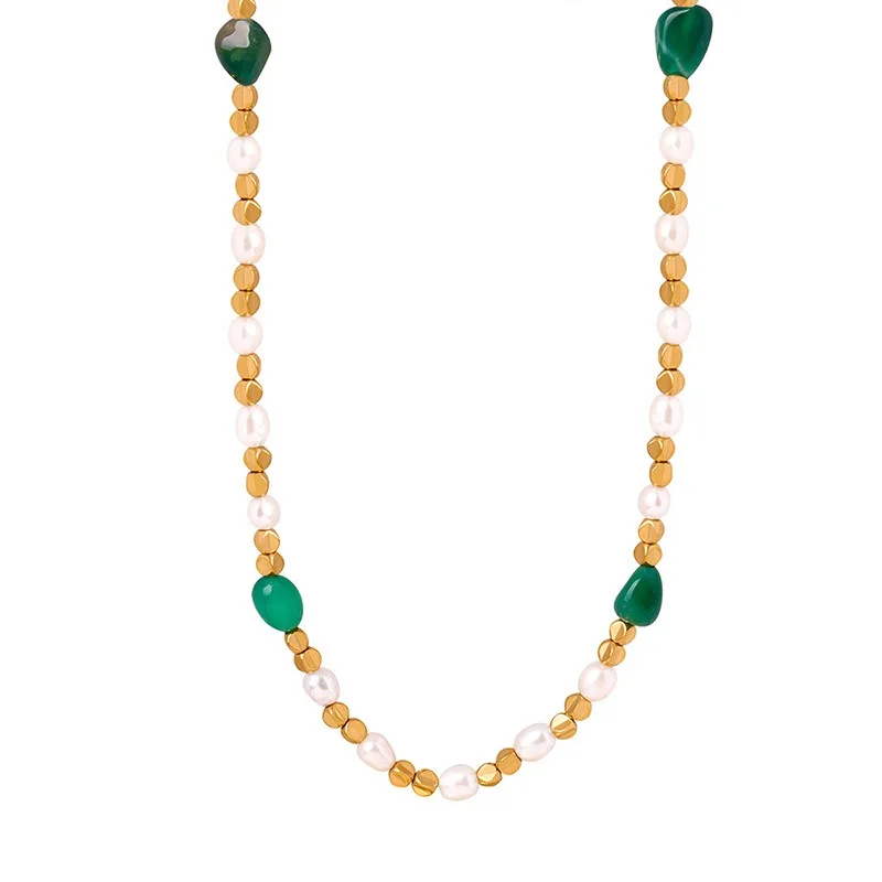ALLNEWME Boho 18-Каратное золото, титановая сталь с PVD покрытием, неправильной формы, зеленый натуральный камень, ожерелье-чокер из пресноводного жемчуга для женщин