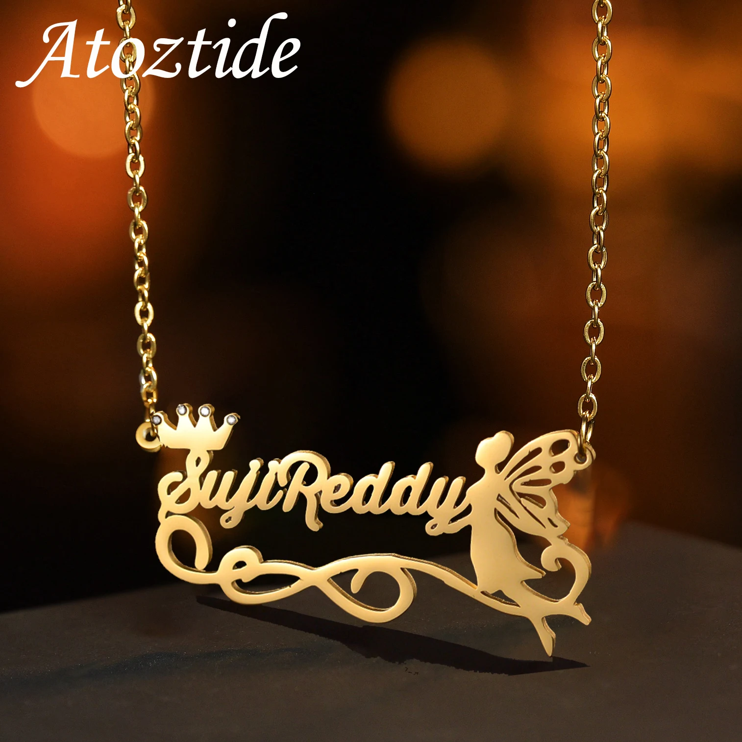 Atoztide, Персонализированное ожерелье с пользовательским именем, Корона из Циркона, Подвеска-Фея, Нержавеющая сталь для женщин, Мужская Цепочка, Ювелирный подарок