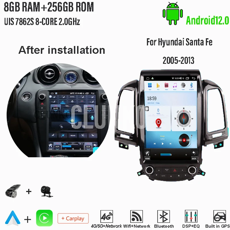 Clunko Для Hyundai Santa Fe 2006-2012 Android Автомобильный Радиоприемник Стерео Экран Tesla Мультимедийный плеер Carplay Auto 8G + 256G 4G WIFI GPS