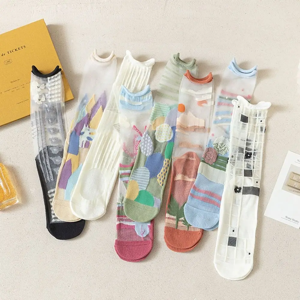 Harajuku Kawaii Сетка в японском стиле Для женщин, Милая Асимметрия, Стеклянные Шелковые носки, Носки средней длины, Женские Чулочно-носочные изделия, Носки в цветочек