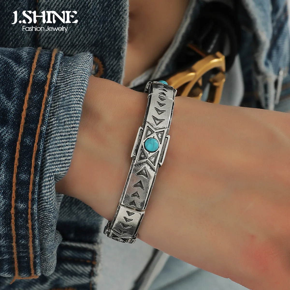 J.Shine Открытые браслеты в этническом стиле бохо, синтетический камень, Геометрические узоры, Ретро-серебристый цвет, металлические украшения ручной работы.