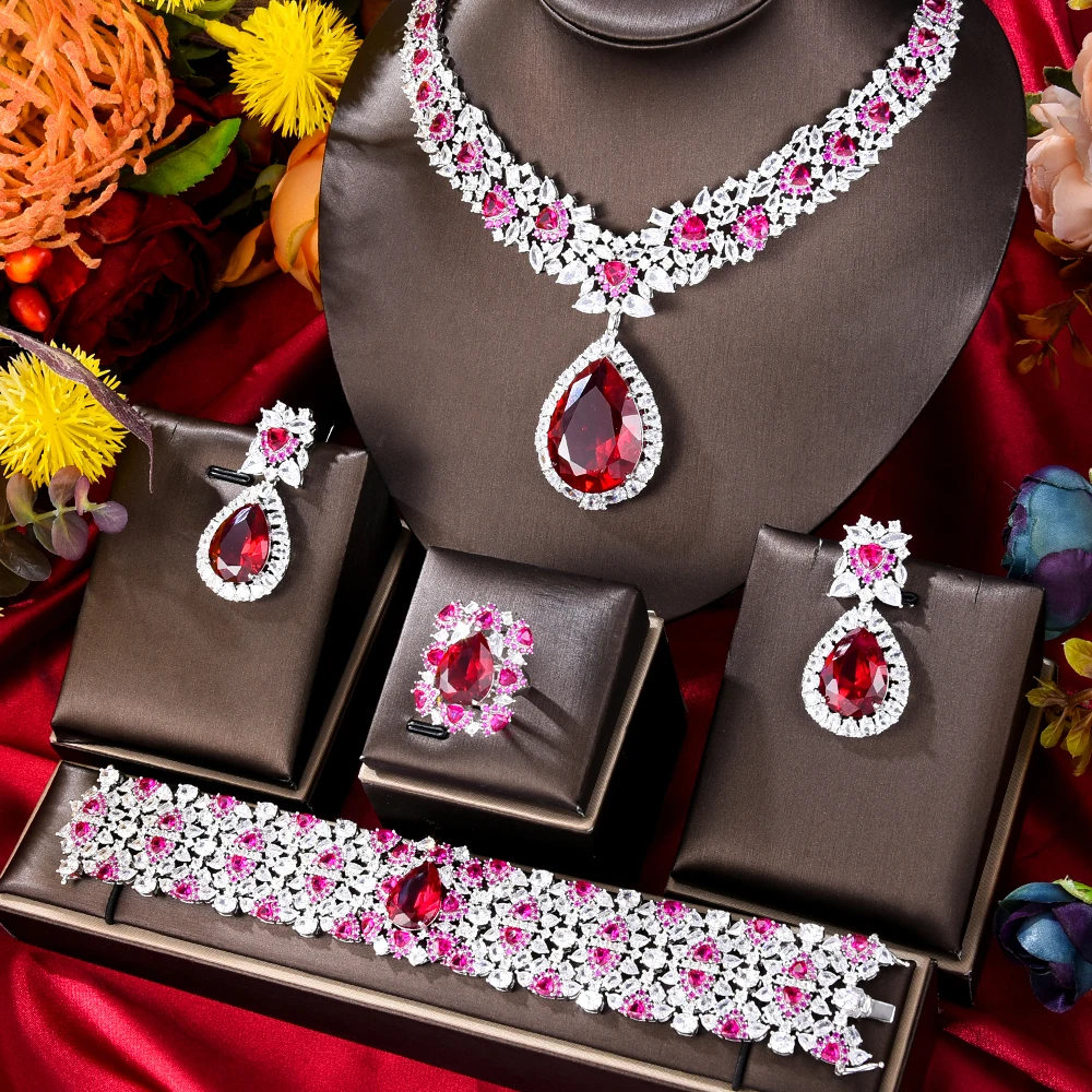 Jimbora Luxury 4PCS Waterdrop Crystal Ожерелье Ювелирные Наборы для женщин Свадебная Вечеринка Кубический Цирконий Дубай Свадебная Мода Модный