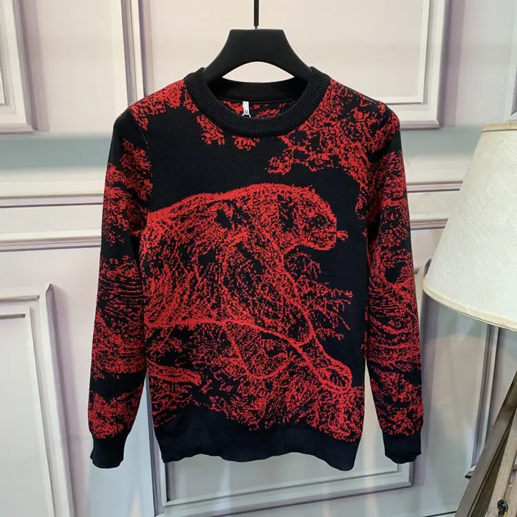 PEIRESA 2023 Осенний мужской свитер с круглым вырезом, модный жаккардовый пуловер контрастного цвета с животными, свитер с длинными рукавами, повседневный свитер