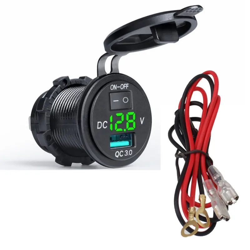 QC3.0 2.1A Быстрая зарядка, автомобильный Вольтметр с двойным USB, светодиодный цифровой дисплей, Адаптер питания с переключателем Проводки, Водонепроницаемое автомобильное USB-зарядное устройство