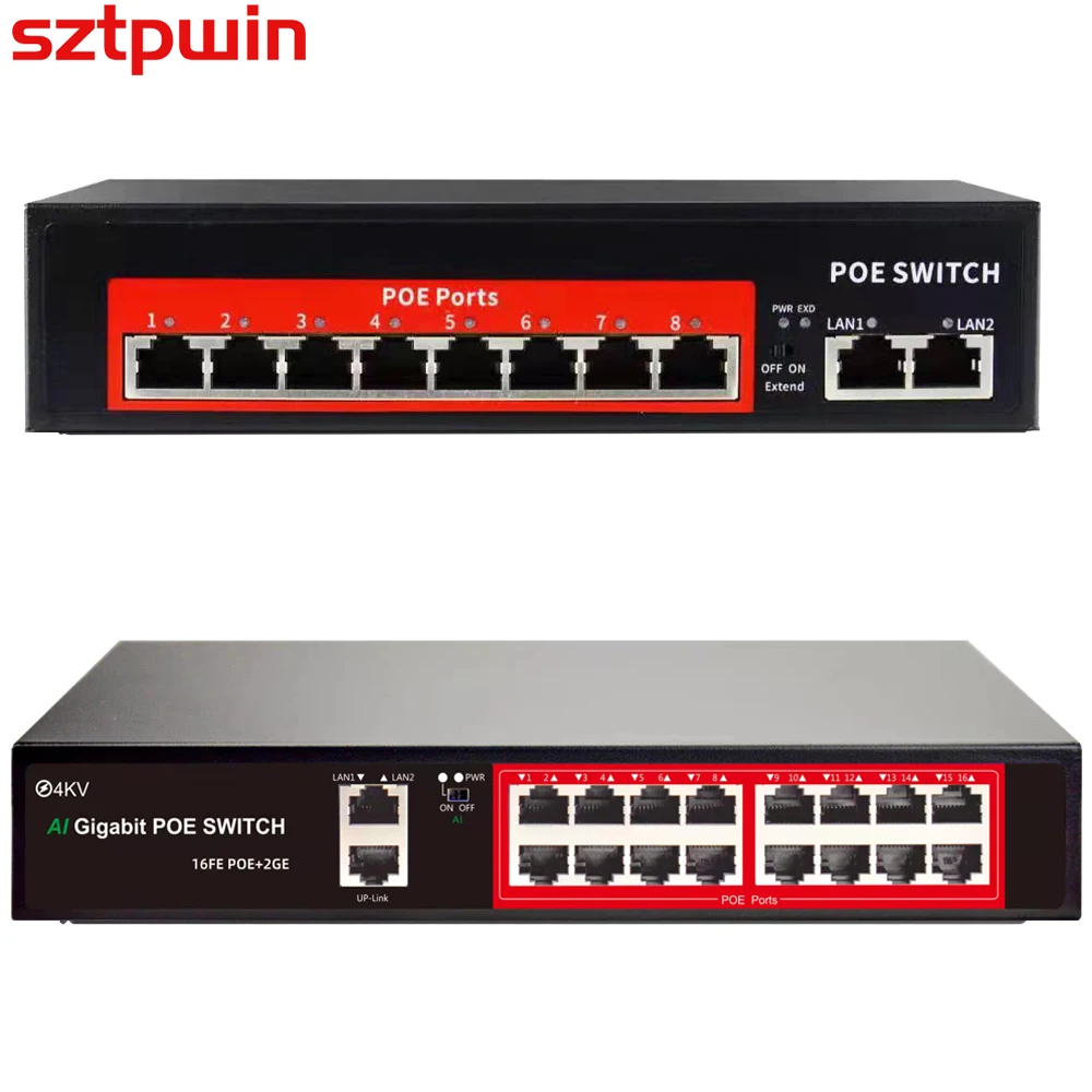SZTPWIN 48V 8/16 Портов POE Switch Ethernet 10/100 Мбит/с IEEE 802.3 Af/at для системы IP-видеонаблюдения
