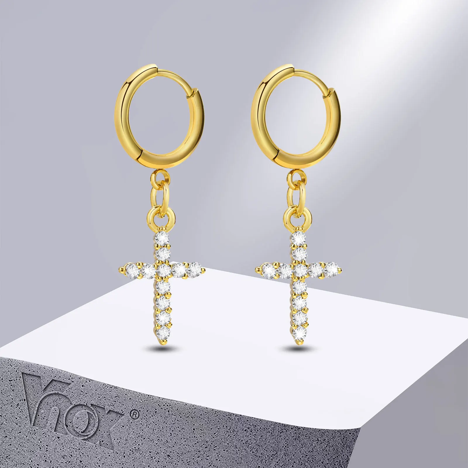 Vnox Золотые серьги-крестики для женщин, мужчин, блестящие кубические циркониевые камни, серьги-подвески, подарки, ювелирные изделия, подвески для женщин