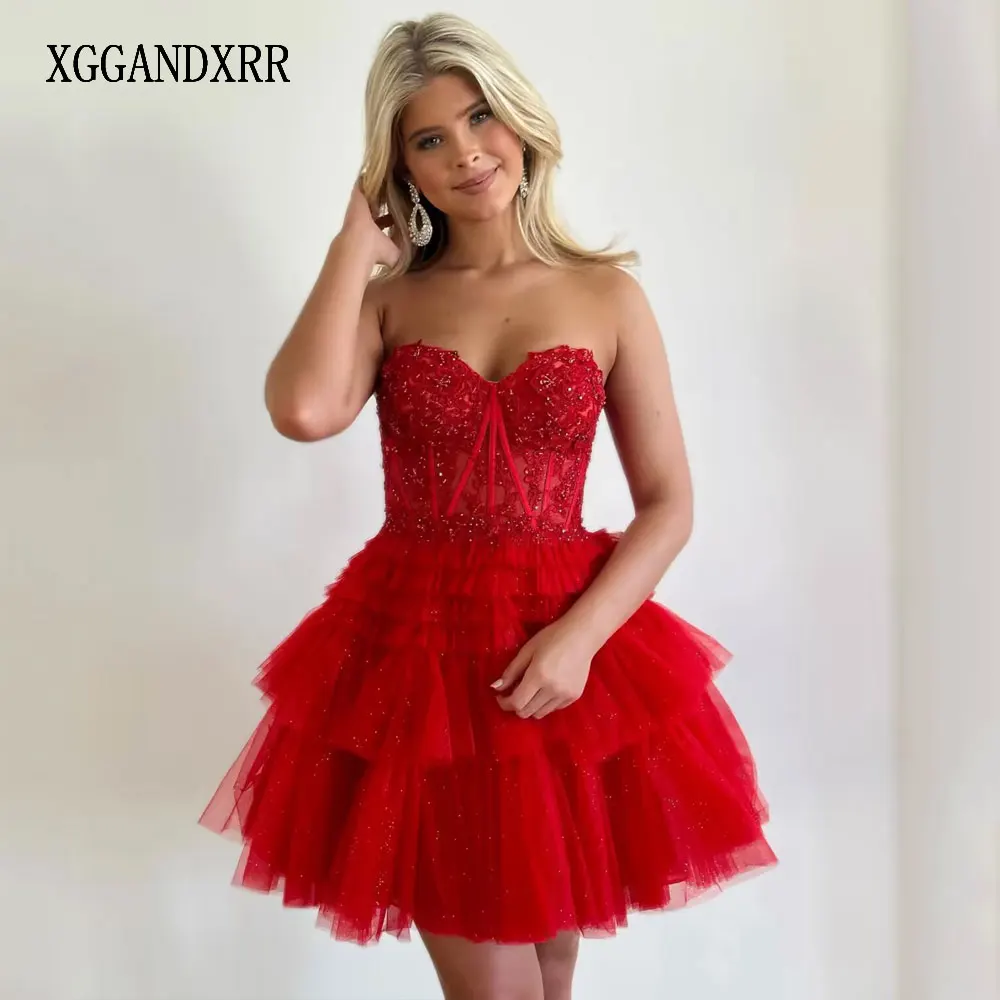 XGGandXRR Блестящее Короткое Красное Платье Для Выпускного Вечера 2023, Сексуальное Мини-Вечернее Платье Для Милой Девушки, Кружевное Платье На День Рождения