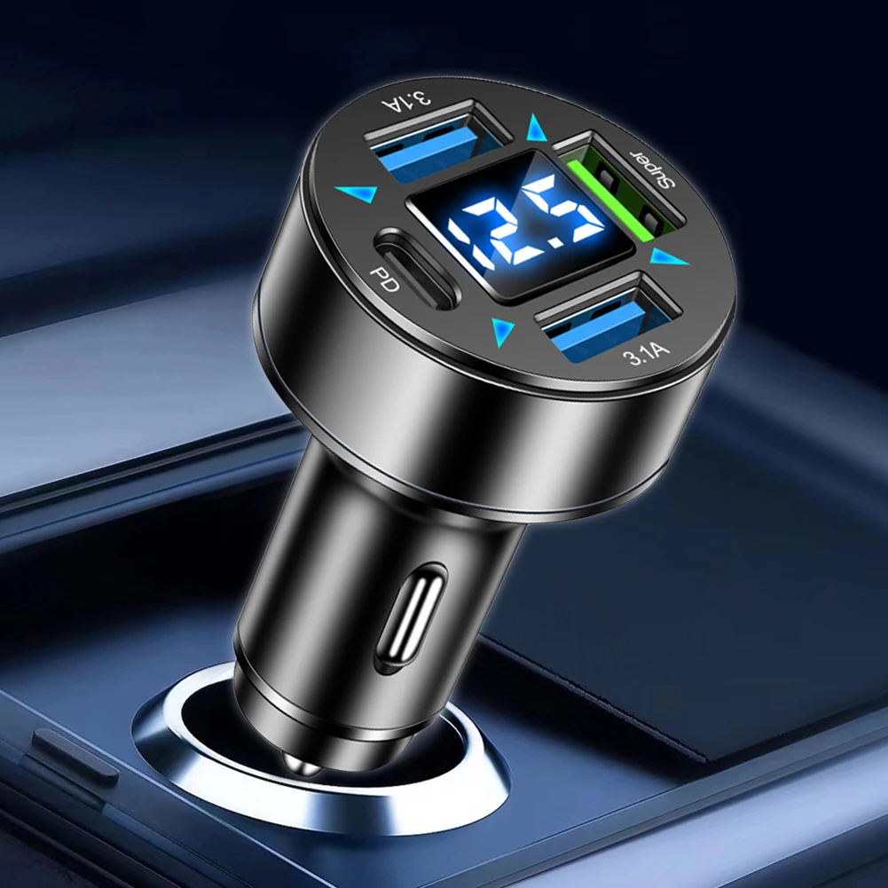 Автомобильное зарядное устройство мощностью 66 Вт, 4-портовый адаптер питания с синей подсветкой, адаптер быстрой зарядки USB PD, светодиодный цифровой дисплей QC 3.0 для iPhone Samsung