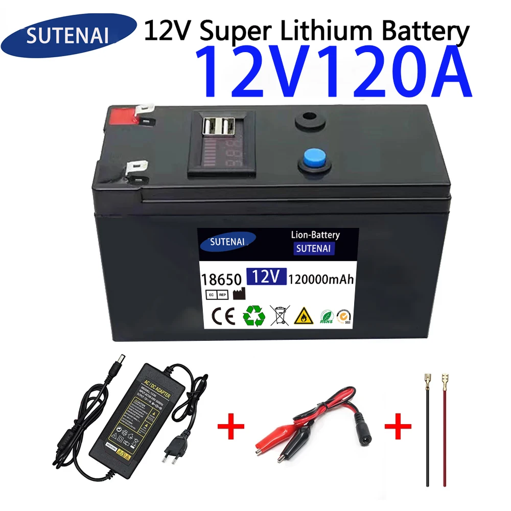 Аккумулятор 12V, 120Ah, 18650, литиевый аккумулятор, аккумуляторная батарея для солнечной энергии, аккумулятор для электромобилей + зарядное устройство 12.6v3A