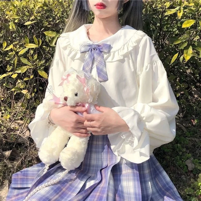 Белая Японская милая рубашка Kawaii Кукольный воротник Лолита Рубашка с длинным рукавом Студенческая форменная рубашка Jk 2022 Новый Белый Топ Lolita