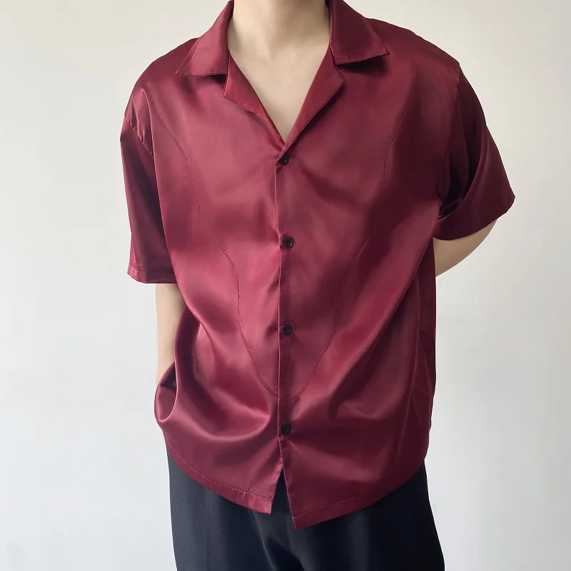 Бордово-красные блузки из гладкого атласа Большого размера, свободные шелковые бордовые рубашки с кубинским воротником Для мужчин, Модная Уютная роскошная одежда, топы