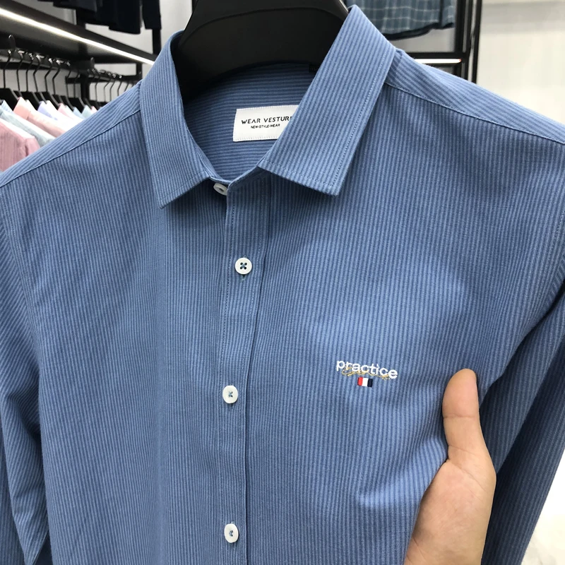 Брендовая осенняя высококачественная однотонная модная мужская рубашка с вышивкой, деловой повседневный лацкан, Дизайнерский классический длинный рукав M-4XL