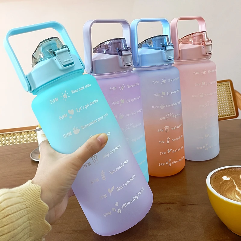 Бутылка для воды объемом 2 л, спортивная чашка для воды с наклейками с отметкой времени, Переносная Многоразовая Пластиковая чашка, чайник большой емкости