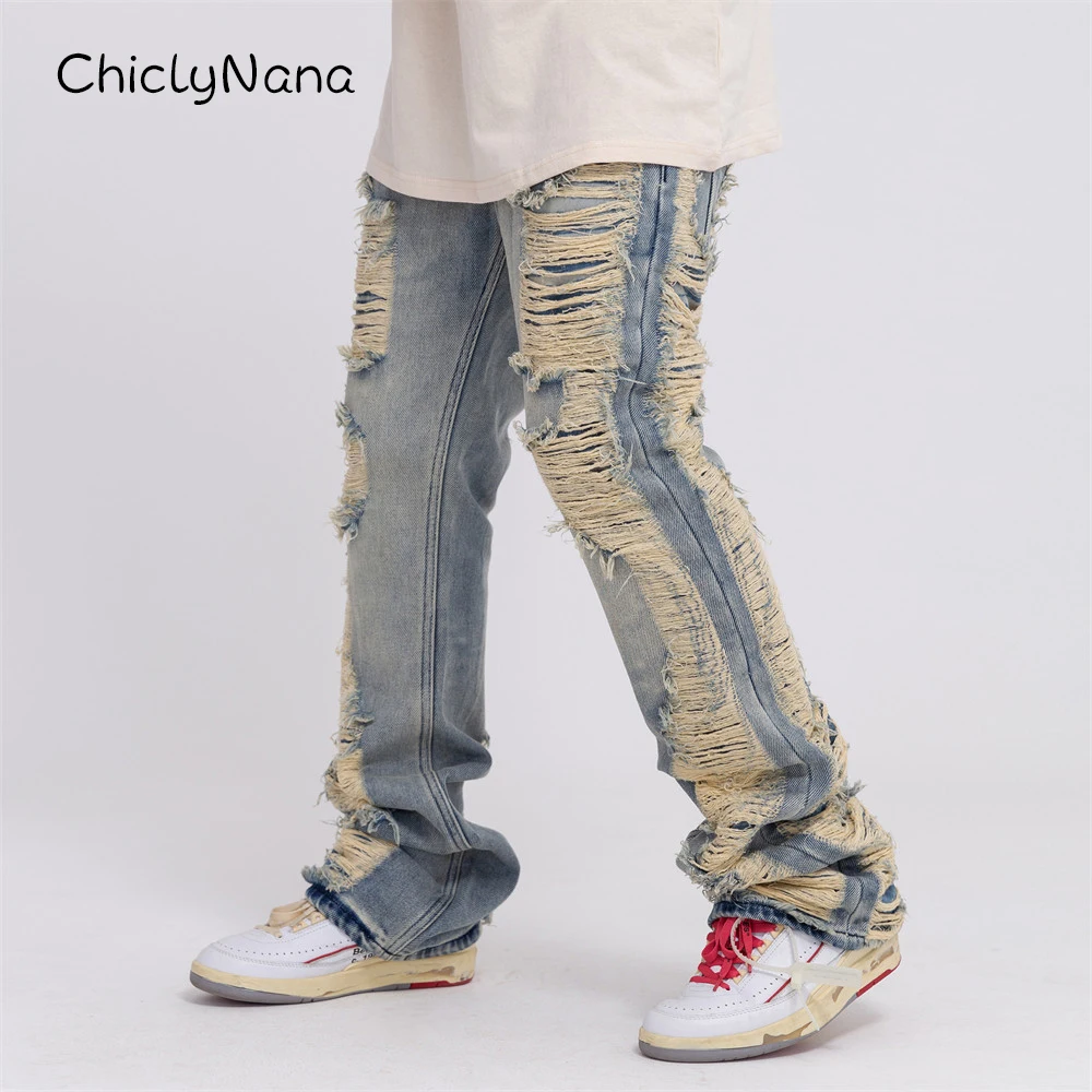 Винтажные рваные джинсы ChiclyNana Street в стиле хип-хоп, мужские свободные рваные повседневные брюки