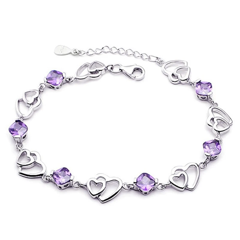 Высококачественный браслет серебристого цвета с фиолетовым кристаллом и цирконом Для женской вечеринки, Обручения, подарка ювелирных изделий.