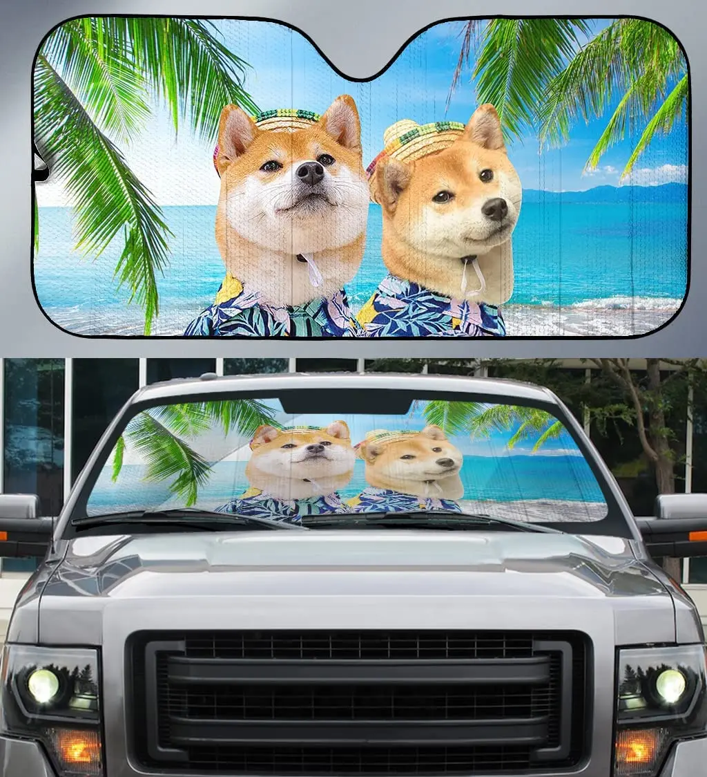 Гавайская собака Шиба-Ину на Летнем пляже, Автомобильный Солнцезащитный Козырек из Кокосовой Пальмы, Подарок Любителю Шиба-Ину, Автоматический Солнцезащитный козырек Hawaii Vibe, Лобовое стекло