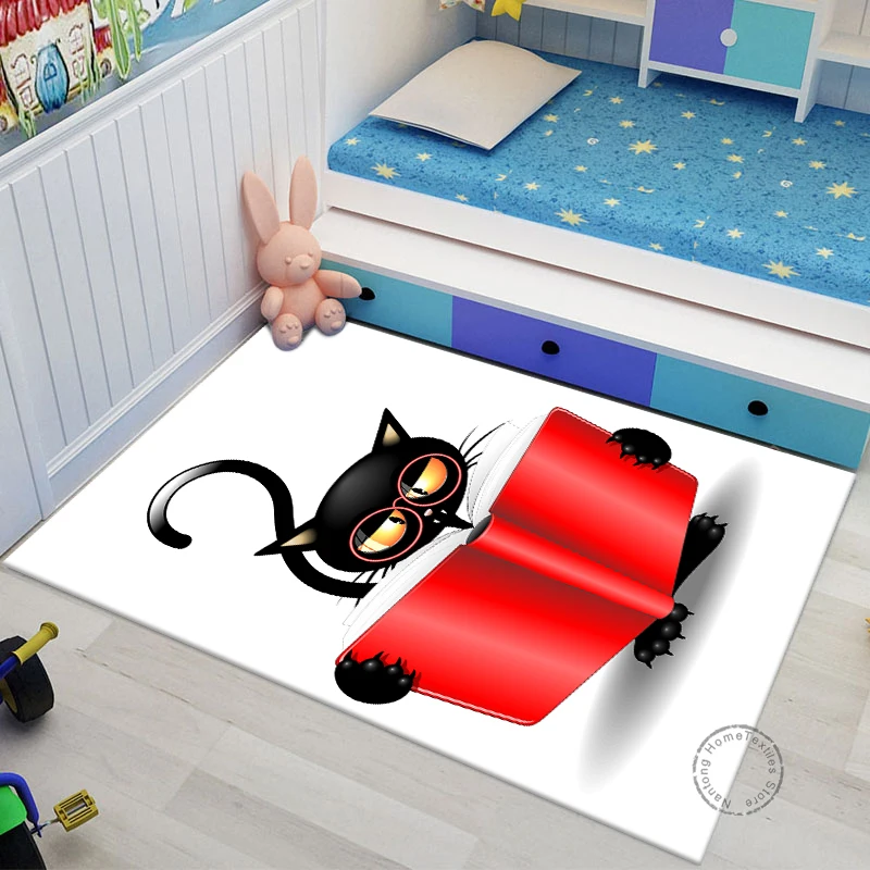 Декоративный ковер с изображением черного кота из милого мультфильма аниме, спальня, гостиная, кабинет, ванная комната, кухня, ресторан, нескользящий коврик для пола