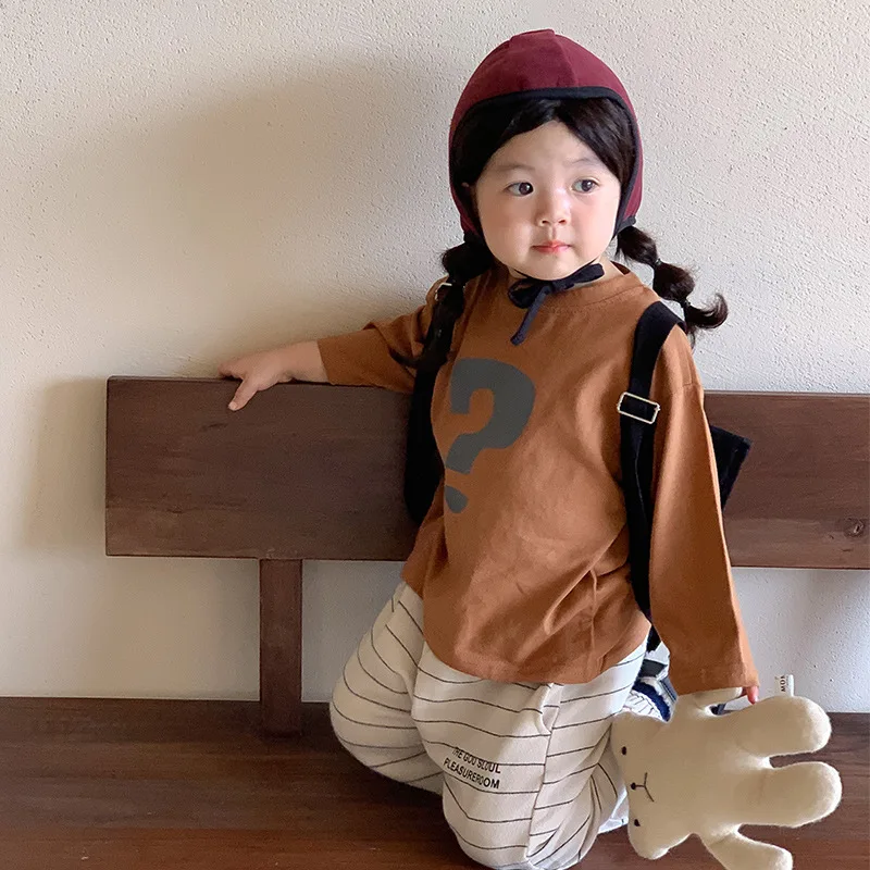 Детская одежда Осенний топ с подкладкой, хлопковый топ с символическим принтом для девочек, Детский универсальный повседневный топ с длинным рукавом 2023 года выпуска