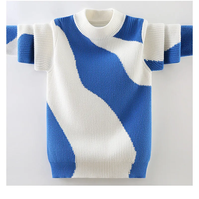 Детские свитера, Новые осенне-зимние теплые трикотажные пуловеры для мальчиков, хлопковые детские свитера с круглым вырезом, Цветная прострочка, студенческая одежда