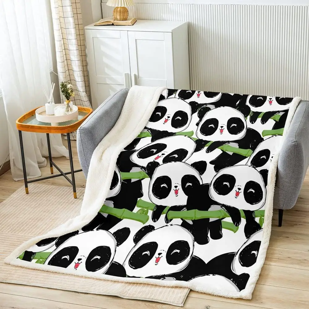 Детское флисовое одеяло с мультяшной пандой, Милое животное, Зеленое одеяло Banboo Sherpa для кровати, дивана, декора спальни Kawaii