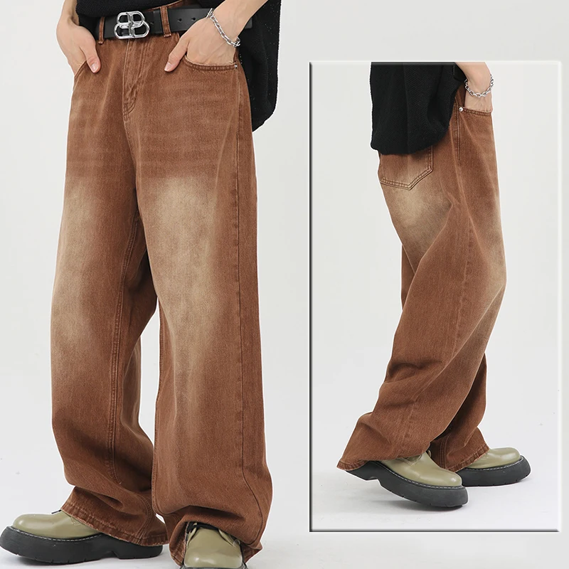 Джинсовые Винтажные Коричневые Широкие брюки Джинсы Корейской версии Slim Wash Свободные Прямые брюки Повседневные