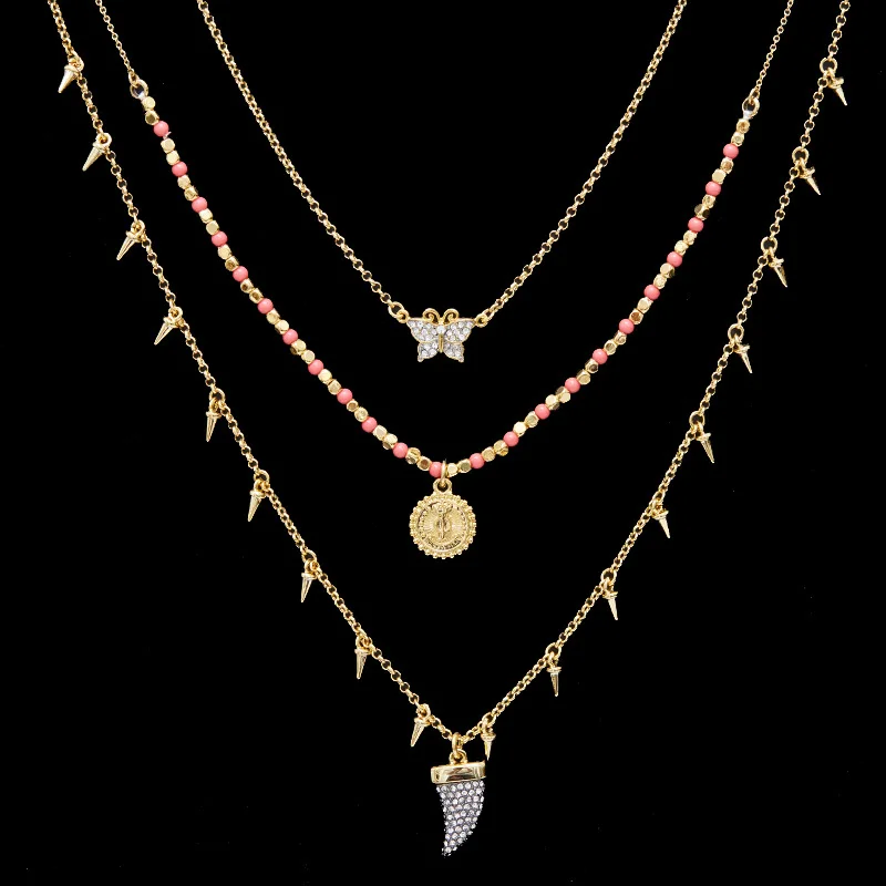 Европейский И американский нишевый рожок, круглая открытка, буква-бабочка, трехслойное ожерелье, Модная женская цепочка для свитера с кисточками