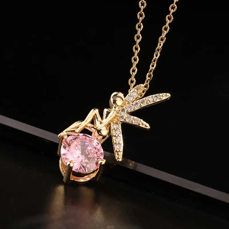 Женское ожерелье с когтями из 18-каратного золота с розовым кристаллом и подвеской-феей из циркона Популярные модные украшения