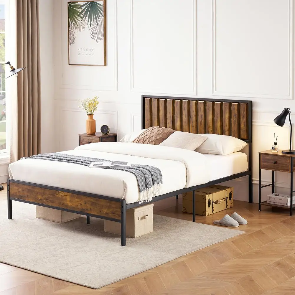 Каркас кровати с деревянным изголовьем, платформа металлической кровати, Бесшумный каркас, Пружинный блок не требуется, Мебель для спальни