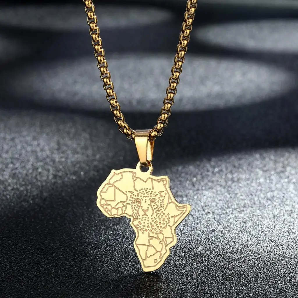 Карта Африки с лицом Тигра Мужское ожерелье Ювелирные изделия из нержавеющей стали в стиле панк, Южная Африка, Хип-хоп Подвески, ожерелья