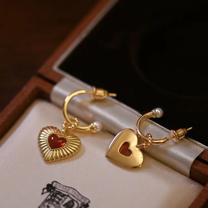 Классические женские серьги с жемчугом в форме сердца из натурального красного агата, Старинное Золотое ремесло, легкие Роскошные винтажные серьги-бижутерия