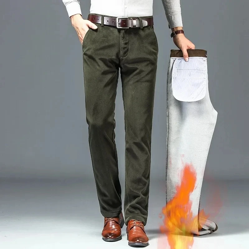 Классические зимние мужские плюшевые утолщенные высококачественные вельветовые брюки 2023 года, тонкие прямые Универсальные мужские повседневные брюки