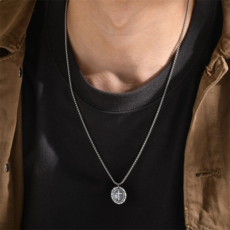 Классическое мужское ожерелье с подвеской в виде перекрестной бирки, Винтажное ожерелье-цепочка ручной работы из нержавеющей стали для мужчин, подарок ювелирных изделий