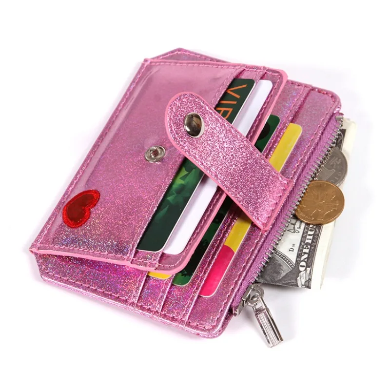 Корейский лазерный держатель для карт из искусственной кожи с вышивкой в виде сердца, женский кошелек с застежкой-молнией, мини-кошелек, милый кошелек для карт, женский кошелек