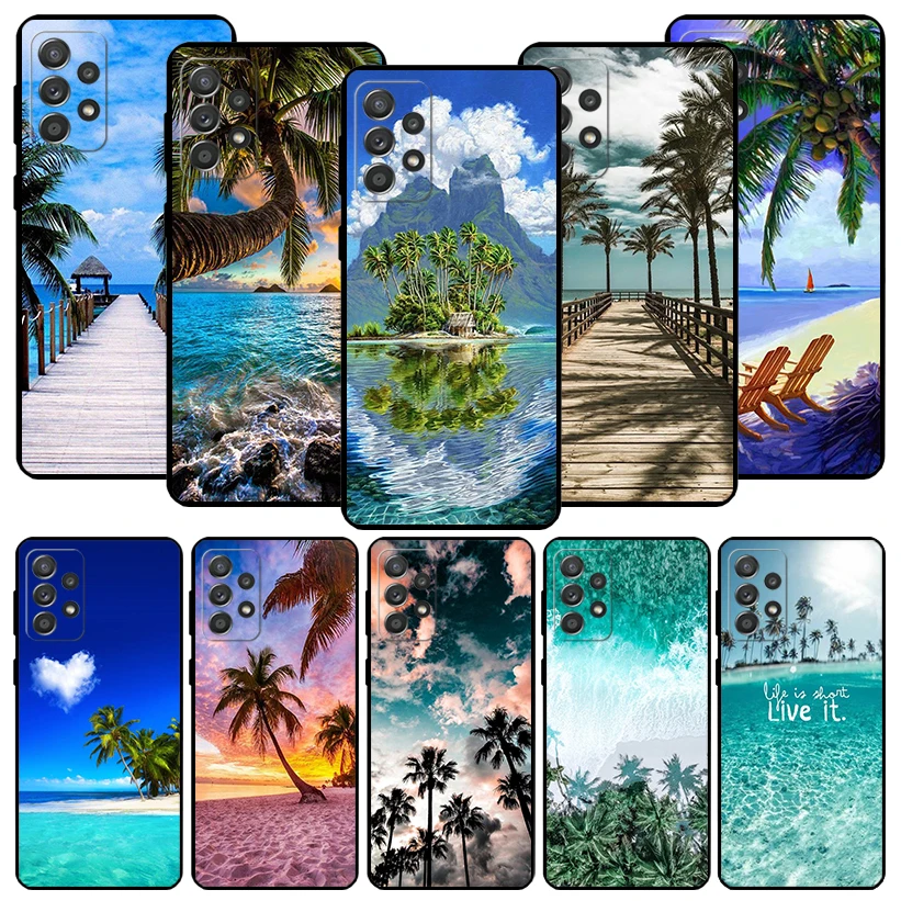Летний пляж, Закат, Море, Пальма, Черный Чехол для телефона Samsung Galaxy A54 A53 A52 A14 A13 A12 A34 A33 A32 A24 A23 A22 A04 A03S A