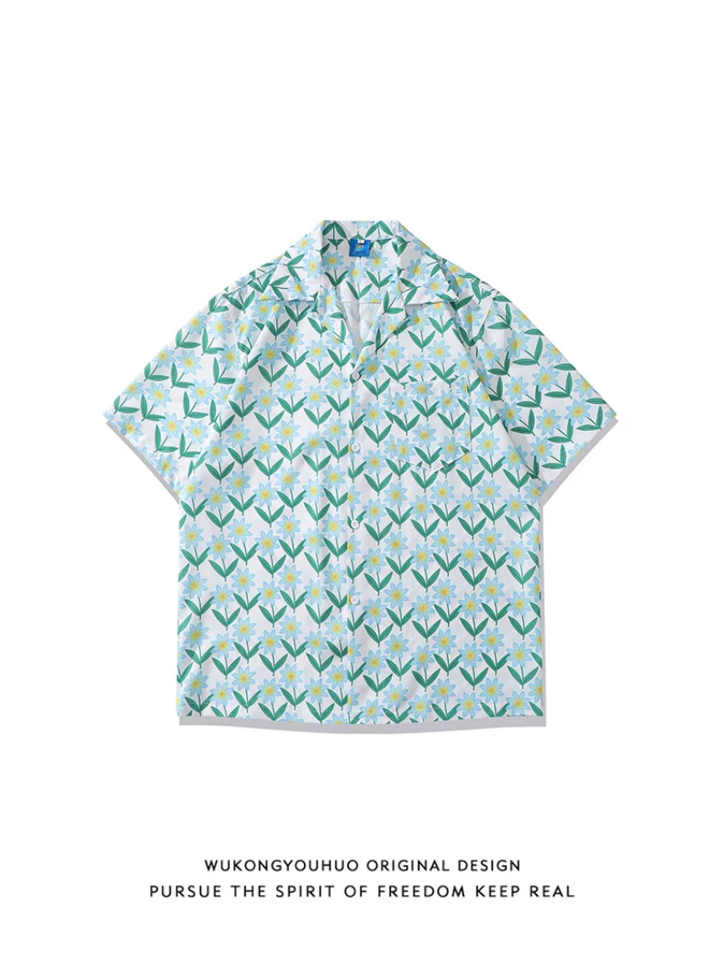 Летняя винтажная рубашка с короткими рукавами в мелкий цветок, мужской модный бренд, свободная пара, повседневная пляжная рубашка с цветами 2023