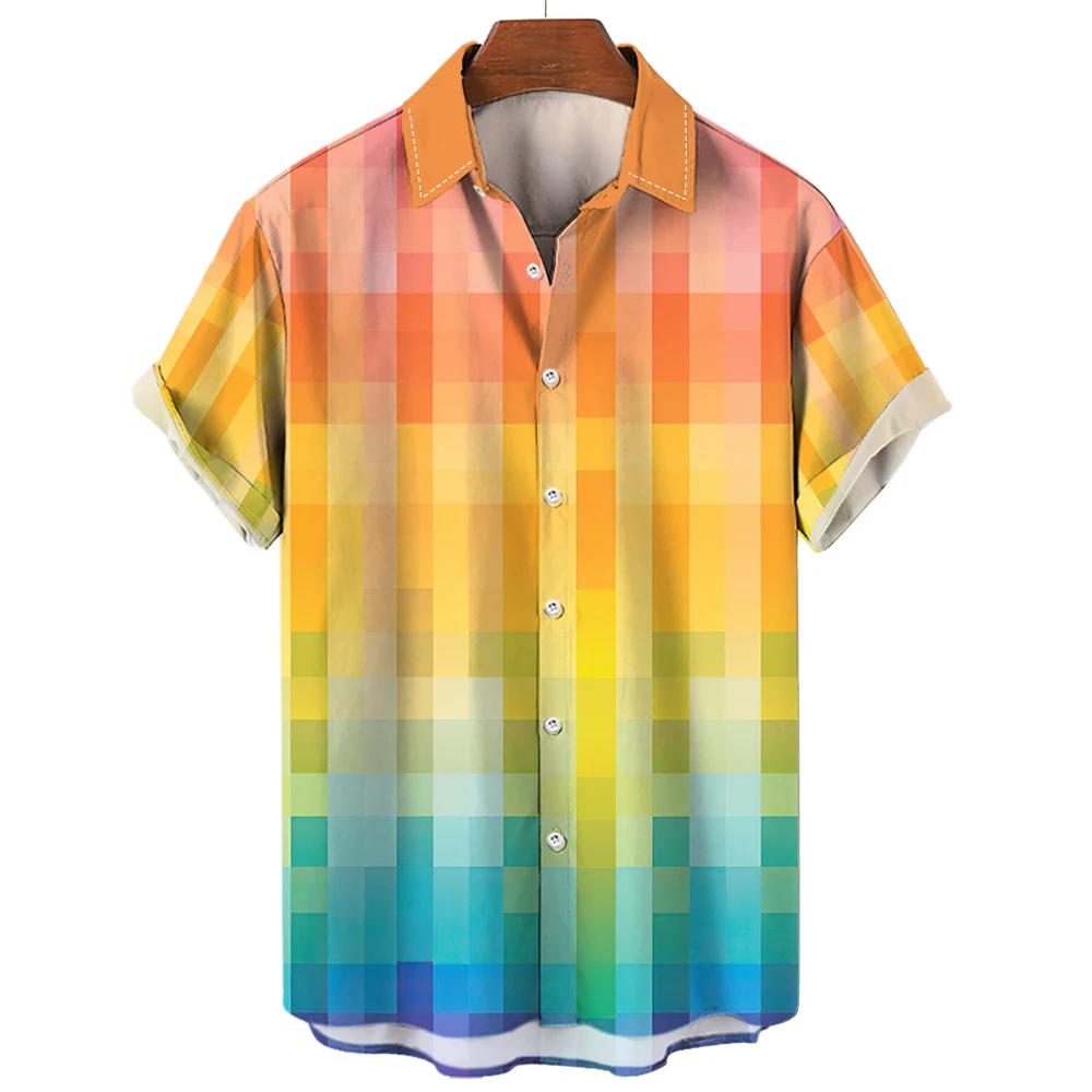 Летняя мужская рубашка, мужской топ в клетку с 3D-принтом, цветная мозаика, мужская повседневная рубашка с лацканами, стильная мужская рубашка