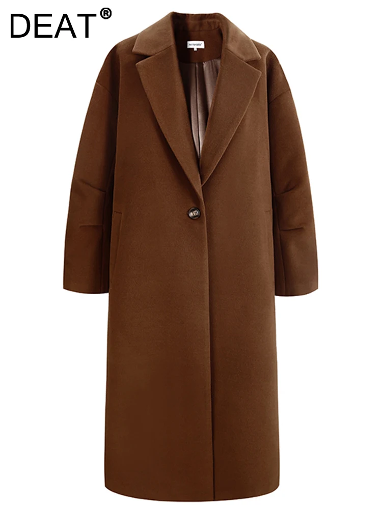 Модное женское шерстяное пальто с лацканами, Длинные рукава, карманы на одной пуговице, Однотонные свободные пальто, Зима 2023, Новый прилив 7AB1159