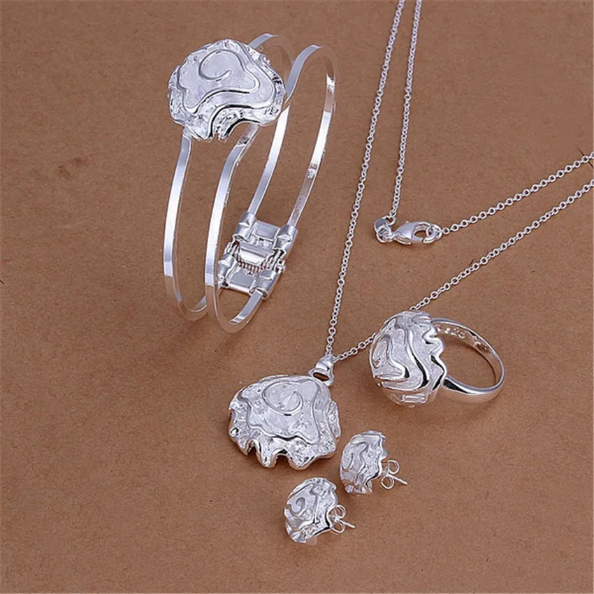 Модный набор ювелирных изделий из стерлингового серебра 925 пробы, кольца, браслеты, ожерелья, серьги, гвоздики для женщин, подвеска в виде цветка розы, браслет, подарки для вечеринок