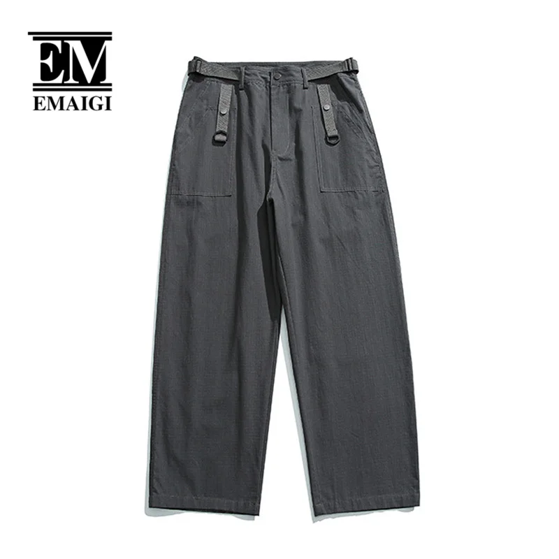 Мужская Свободная повседневная уличная одежда с лентой на талии, Прямые широкие брюки-карго, Японские винтажные мешковатые брюки для бега трусцой.