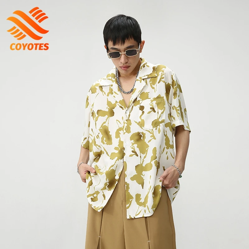 Мужская летняя рубашка с цветочным принтом COYOTES, повседневная Корейская модная рубашка с коротким рукавом для мужчин, отложной воротник, мужские топы на пуговицах
