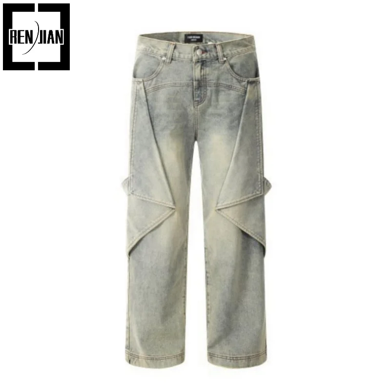 Мужские джинсовые брюки свободного кроя в стиле Хай-стрит, винтажные джинсовые брюки в стиле ретро Harajuku Y2K, ковбойские штаны