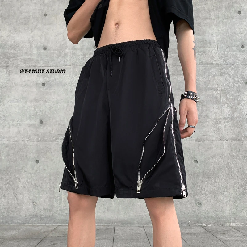 Мужские черные короткие брюки в стиле хип-хоп, мужские свободные повседневные шорты на молнии, брюки на завязках, Корейские уличные полуботинки
