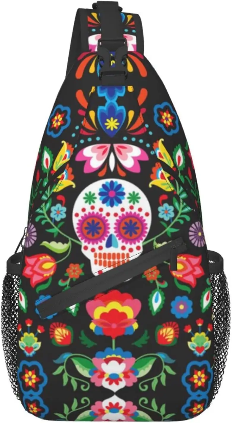Нагрудная сумка для мужчин и женщин, совместимая с Мексиканскими сахарными черепами, День Мертвых, цветы, рюкзак на ремне через плечо большой емкости
