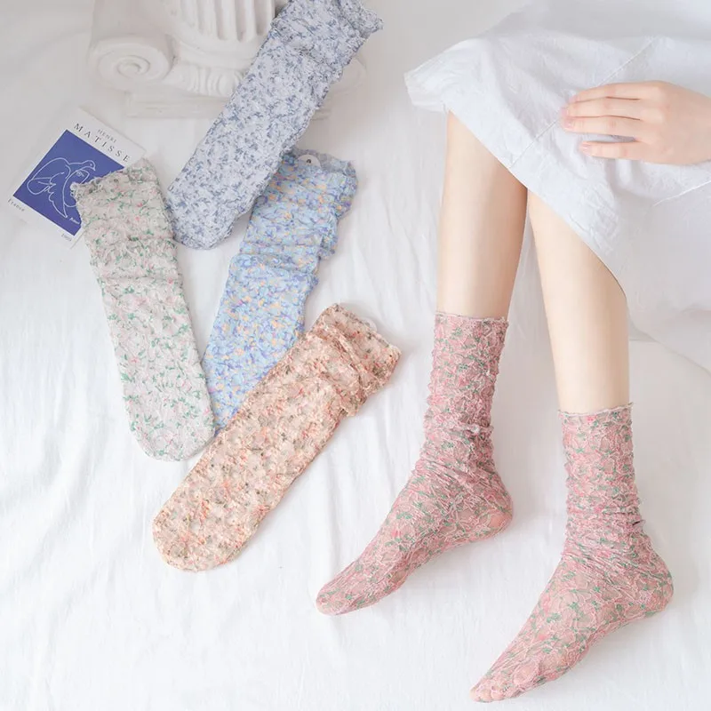 Новые женские носки, модные Маленькие Фрагментированные цветы, Летние Тонкие носки с набивкой, Удобные и дышащие Сетчатые носки, Женские I228