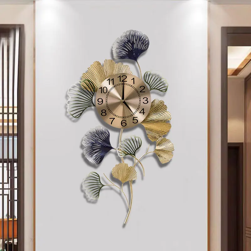 Новые китайские креативные настенные часы с Гинкго Билоба, часы в современном стиле для гостиной, легкие Роскошные художественные настенные часы с 3D металлическим декором